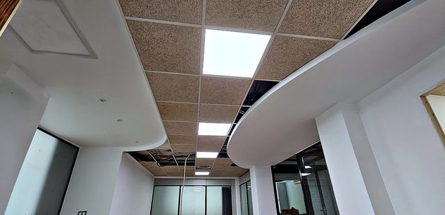 Oficina con techo curvo y paneles acústicos
